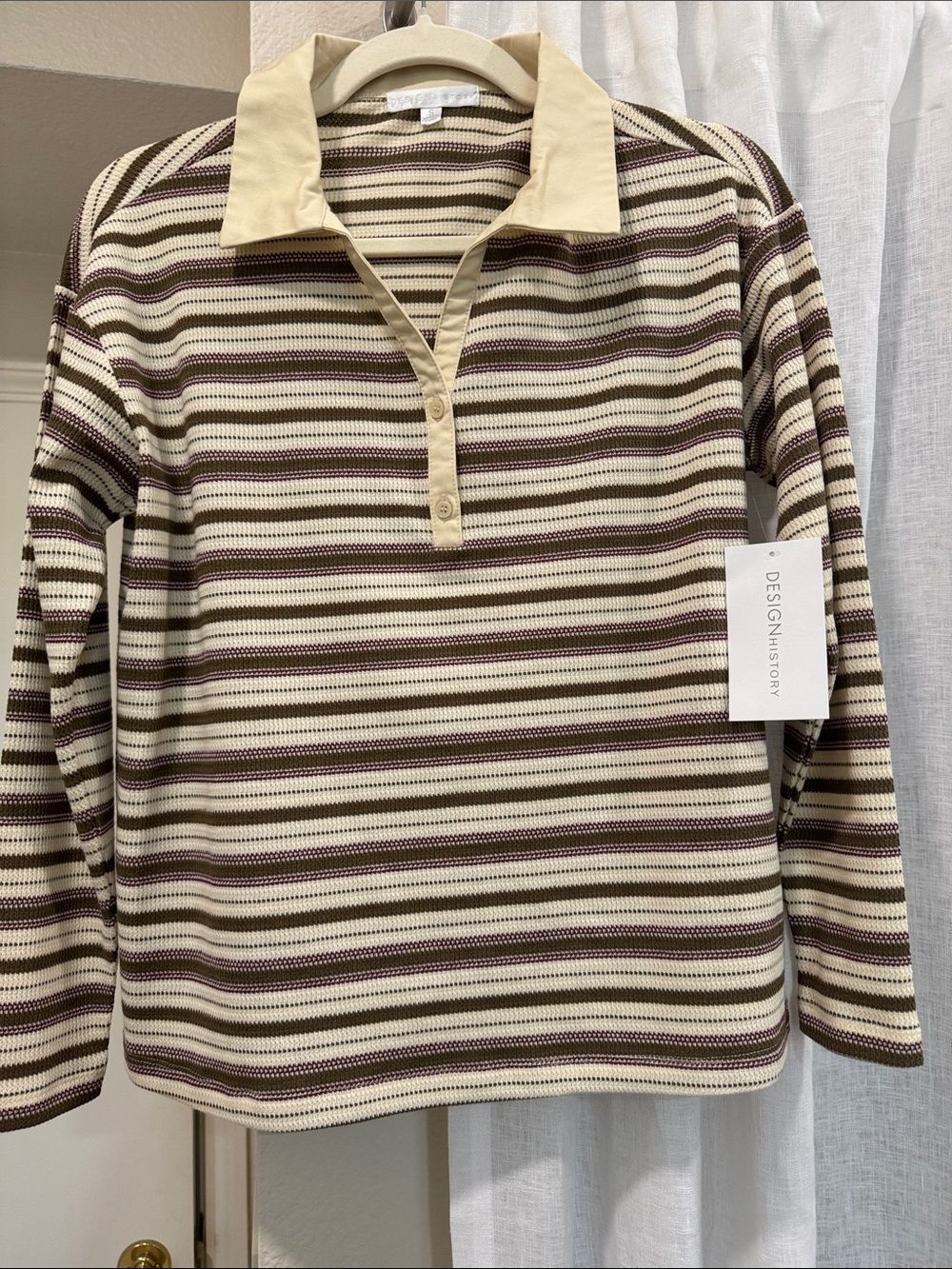 Women’s Design History Striped Knit Polo Top in Cream and Olive - Picture 3 of 7